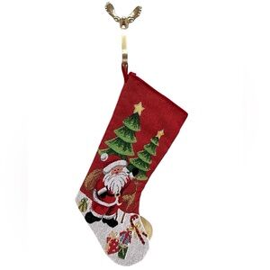 Kurt Adler Vintage Santa & Reindeer Stocking with Red/Green 17” EUC